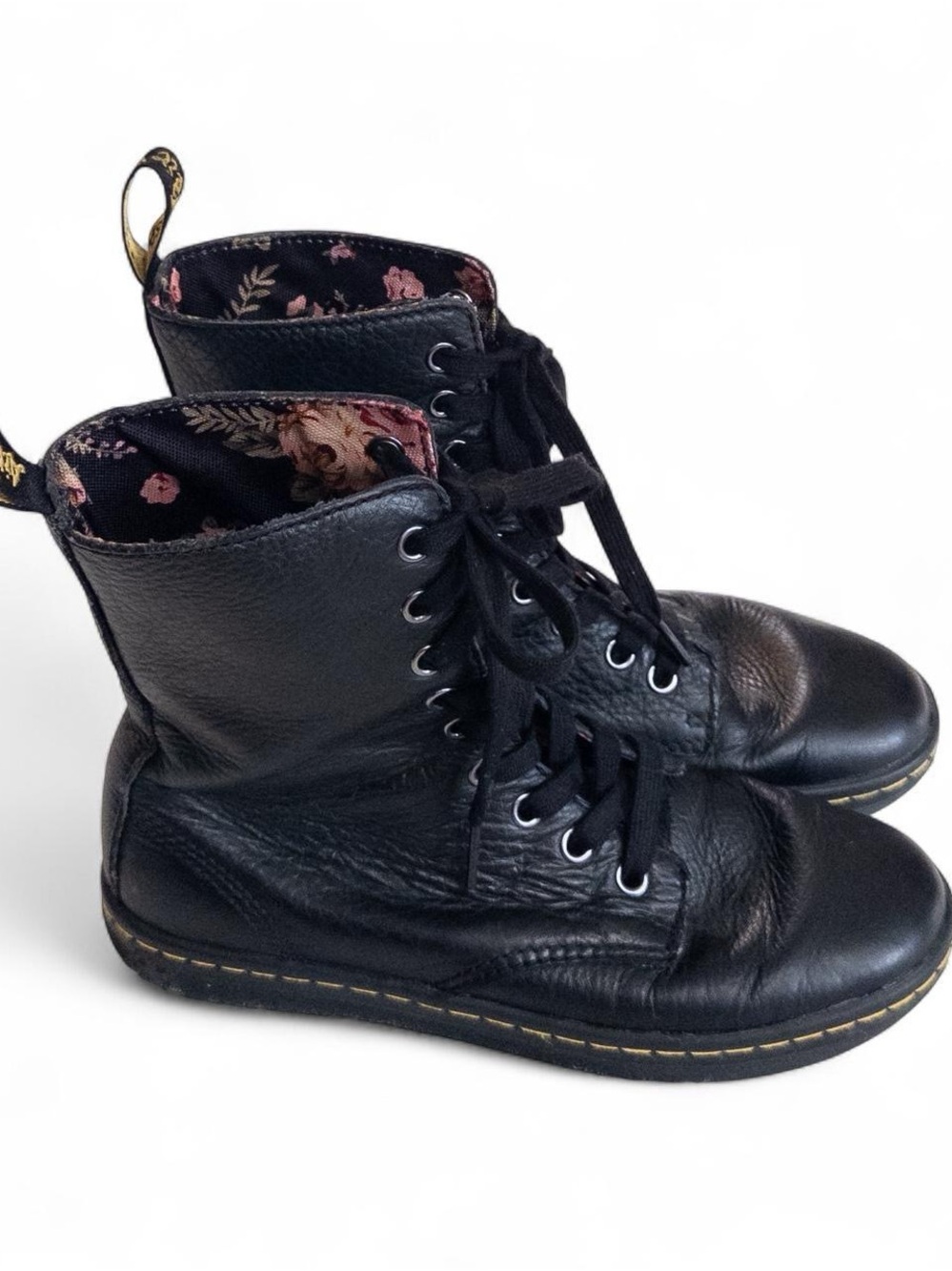 Dr. Martens Stratford Black Leather Boots Floral Lining Women’s Size 6
